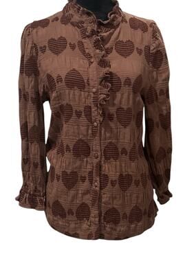 Umgee Brown Heart Embroidered Ruffle Button Up Top Women’s Large